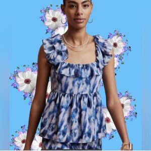 Banana Republic Ruffle Peplum Top Blue Ikat Abstract Smocked Back Small